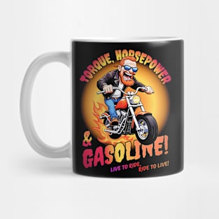 Funny biker riding a chopper, popping a wheelie motorcycle cartoon Mug